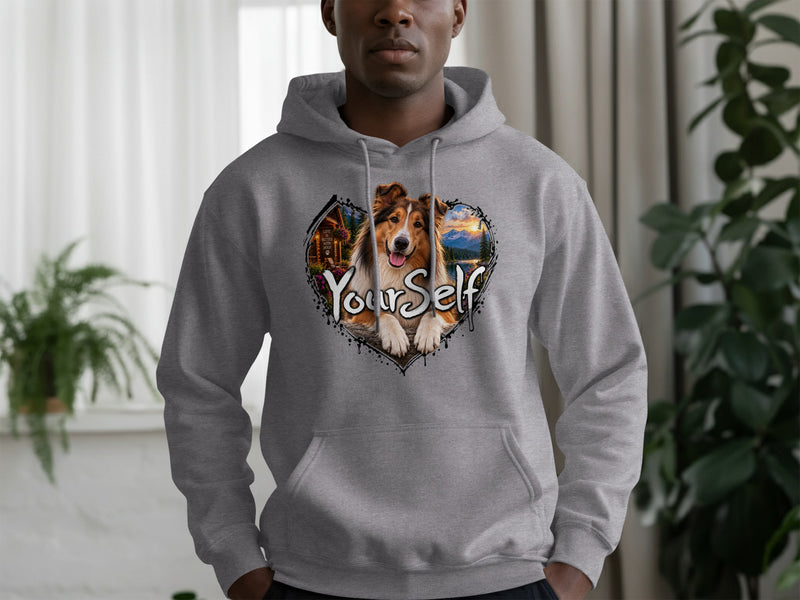 Load image into Gallery viewer, Grey hoodie with a heart-shaped graphic of a dog and the text "Your Self".
