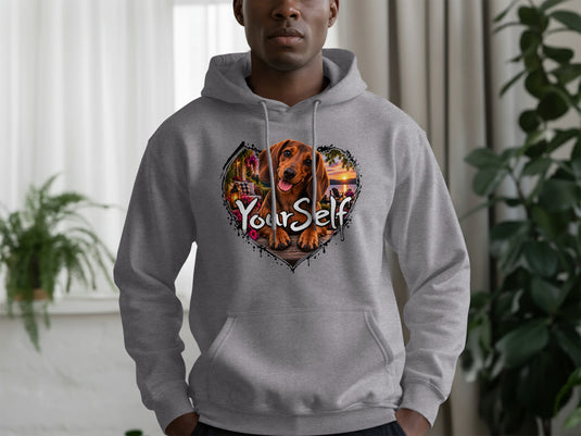 Grey hoodie with a heart graphic featuring a dachshund and the text "YourSelf".