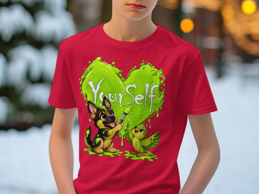 Dog and bird painting a green heart that says 
