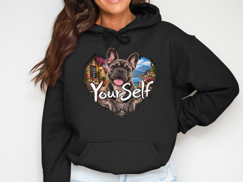 Load image into Gallery viewer, Black hoodie with a French bulldog peeking through a heart-shaped graphic.
