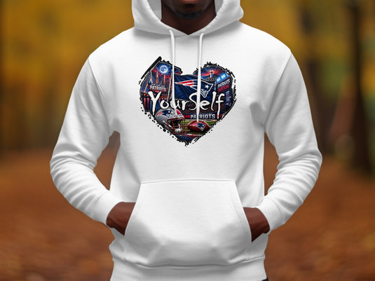 White hoodie with a heart-shaped graphic featuring New England Patriots logos and text.