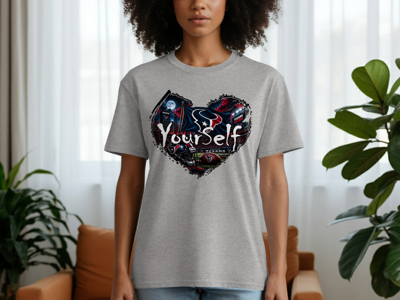 Load image into Gallery viewer, Grey t-shirt with a heart-shaped graphic featuring the Houston Texans logo and "Yourself".
