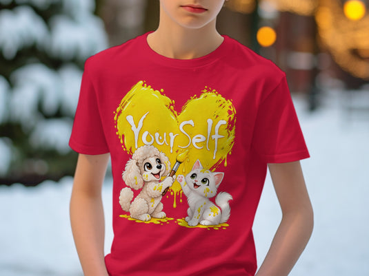 A cartoon poodle and kitten paint a yellow heart with 