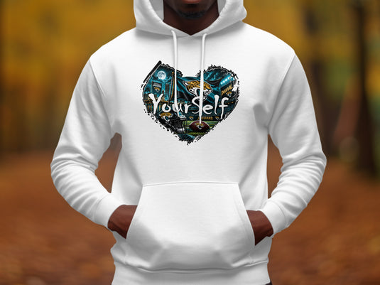 White hoodie with Jacksonville Jaguars heart graphic and 
