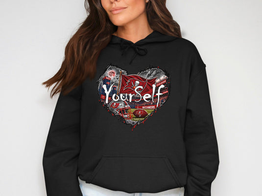 Black hoodie with Tampa Bay Buccaneers heart graphic and 