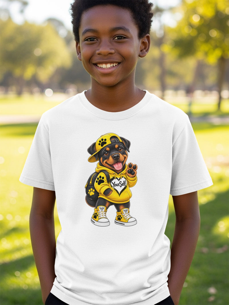 Load image into Gallery viewer, White t-shirt with a cartoon Rottweiler dog wearing a yellow hoodie with "YourSelf" text.
