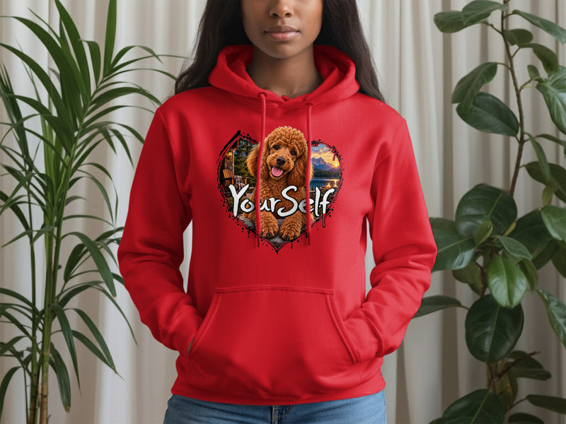 Load image into Gallery viewer, Red hoodie with a poodle graphic inside a heart, text "Your Self."
