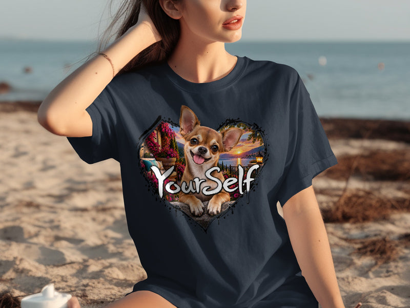 Load image into Gallery viewer, Dark blue t-shirt with a heart graphic featuring a chihuahua and the text "YourSelf".

