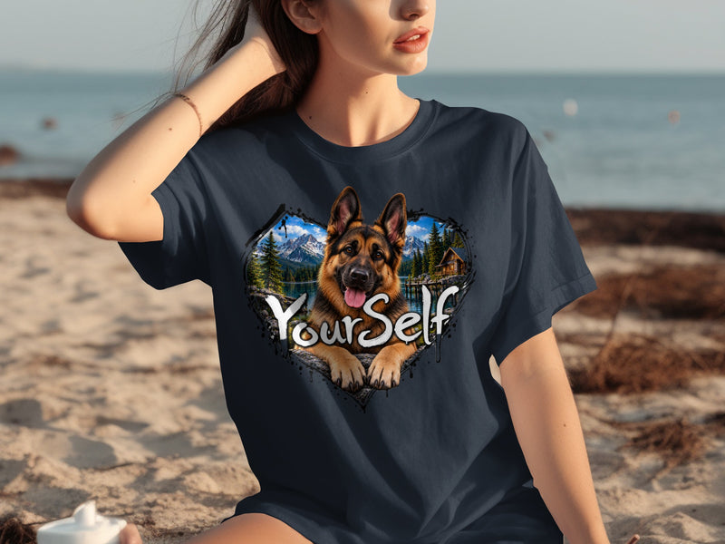 Load image into Gallery viewer, German Shepherd portrait with mountains, lake, cabin, and text "Your Self".
