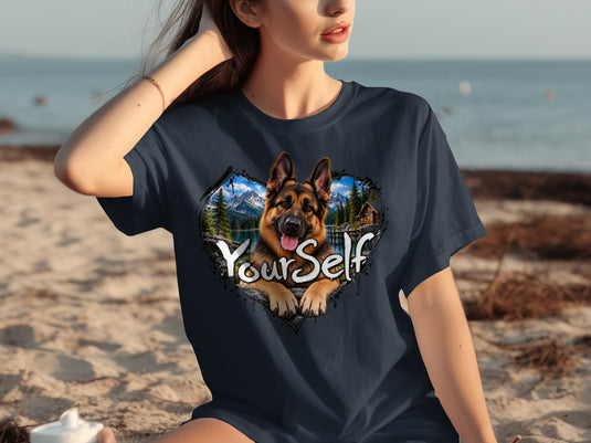 German Shepherd portrait with mountains, lake, cabin, and text "Your Self".