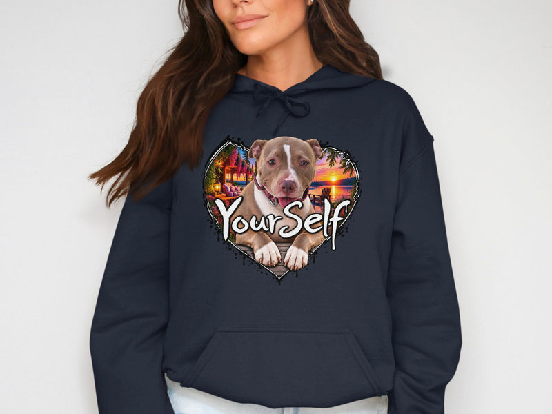 Load image into Gallery viewer, Pitbull with a tropical sunset scene in a heart graphic, text "Yourself".
