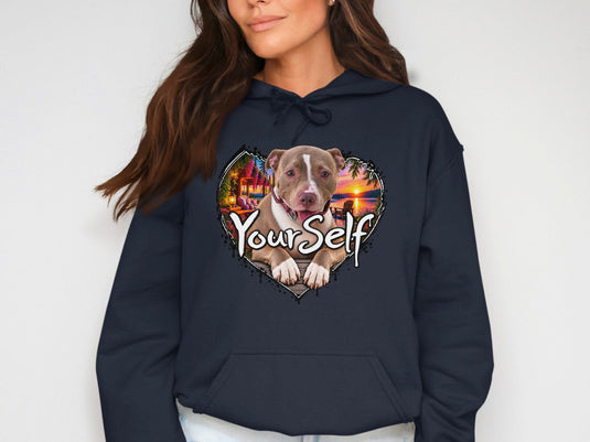 Pitbull with a tropical sunset scene in a heart graphic, text "Yourself".