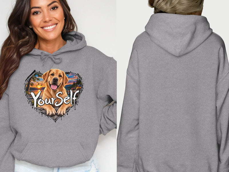 Load image into Gallery viewer, Grey hoodie with a golden retriever dog graphic and "Your Self" text.

