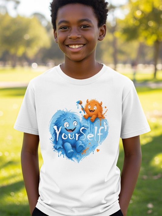 White t-shirt with blue and orange monsters on a heart, reads "Your Self".