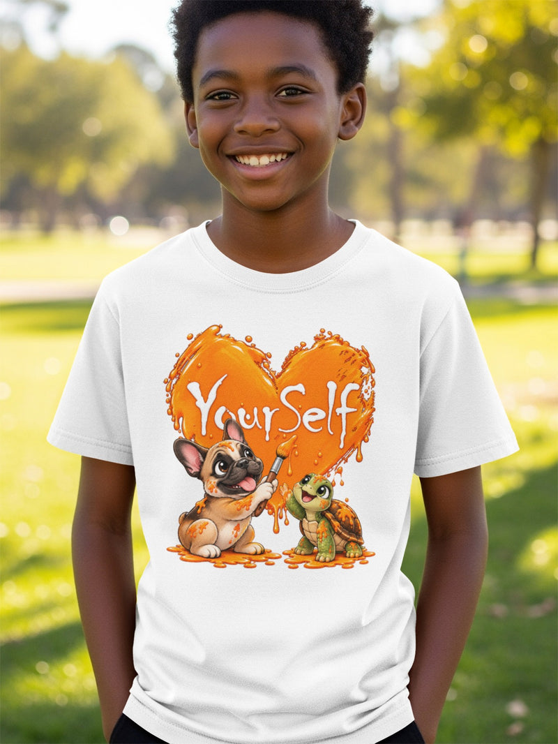 Load image into Gallery viewer, White t-shirt with a French bulldog and turtle painting an orange heart with the text "YourSelf."
