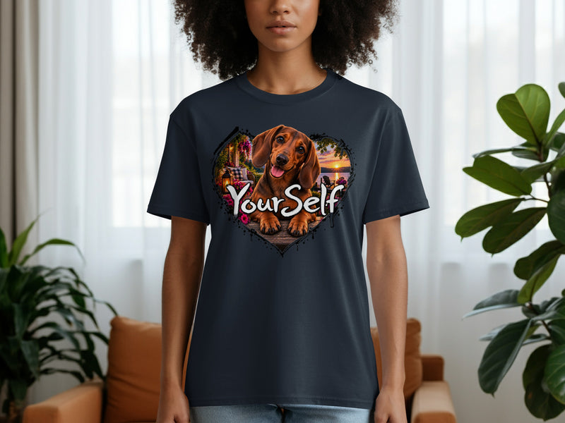 Load image into Gallery viewer, Dark t-shirt with a heart graphic featuring a dachshund and the words "Your Self".
