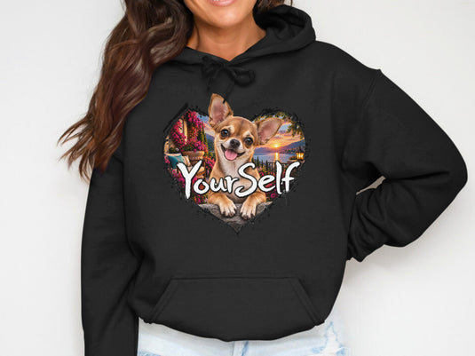Black hoodie with a heart graphic featuring a happy chihuahua and text 