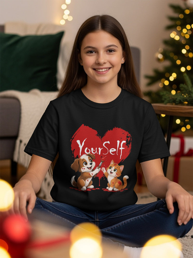 Load image into Gallery viewer, Black t-shirt with "Yourself" text and a dog painting a cat with red paint.
