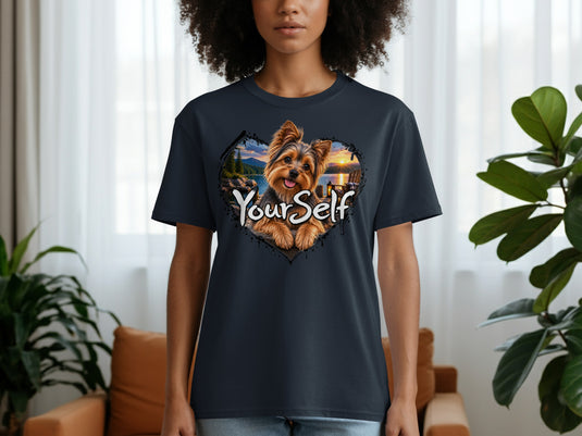 Dark t-shirt with a heart-shaped graphic of a Yorkshire Terrier and sunset landscape.
