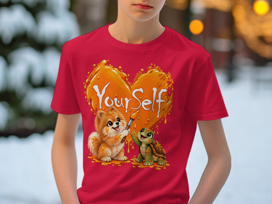 Red t-shirt with cartoon dog and turtle painting 