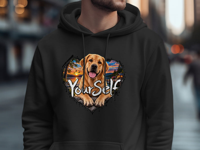 Load image into Gallery viewer, Black hoodie with a heart graphic featuring a dog, landscape, and text "Your Self".
