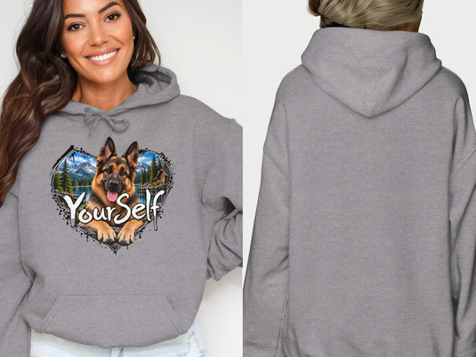Grey hoodie with German Shepherd in heart-shaped nature scene graphic and text "YourSelf".