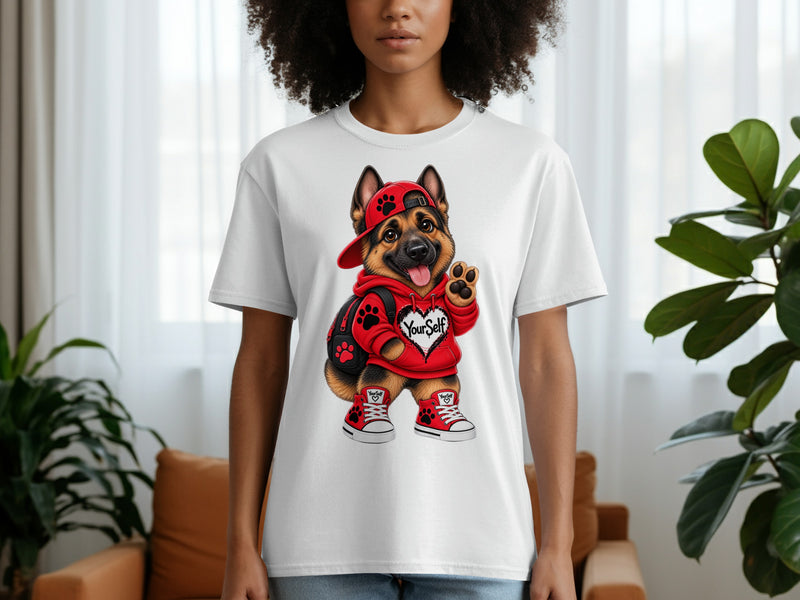 Load image into Gallery viewer, German Shepherd dog wearing a red hoodie, hat, and sneakers with "YourSelf" text.
