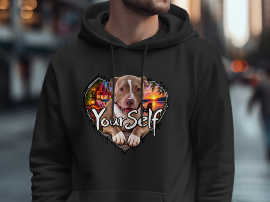 Pitbull in heart frame with sunset view and text "Your Self" on hoodie.