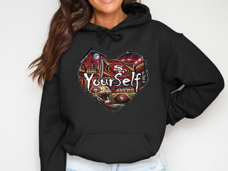 Load image into Gallery viewer, San Francisco 49ers heart graphic with stadium, helmet, football and "Yourself" text.
