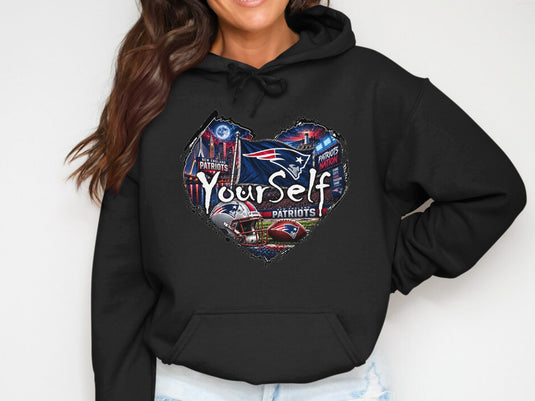 New England Patriots heart graphic with helmet, football, and stadium scenes.