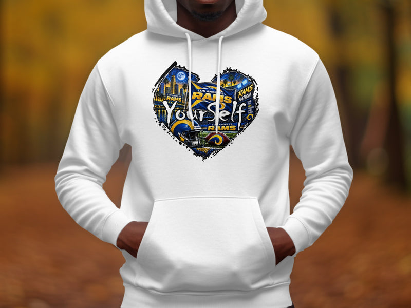 Load image into Gallery viewer, White hoodie with a heart-shaped graphic featuring Los Angeles Rams logo, helmet, and football.
