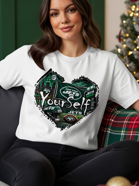 New York Jets heart graphic with stadium, helmet, and football.