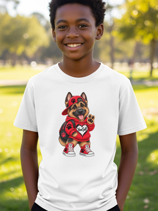 White t-shirt with cartoon German Shepherd dog wearing red hoodie, hat, and sneakers.