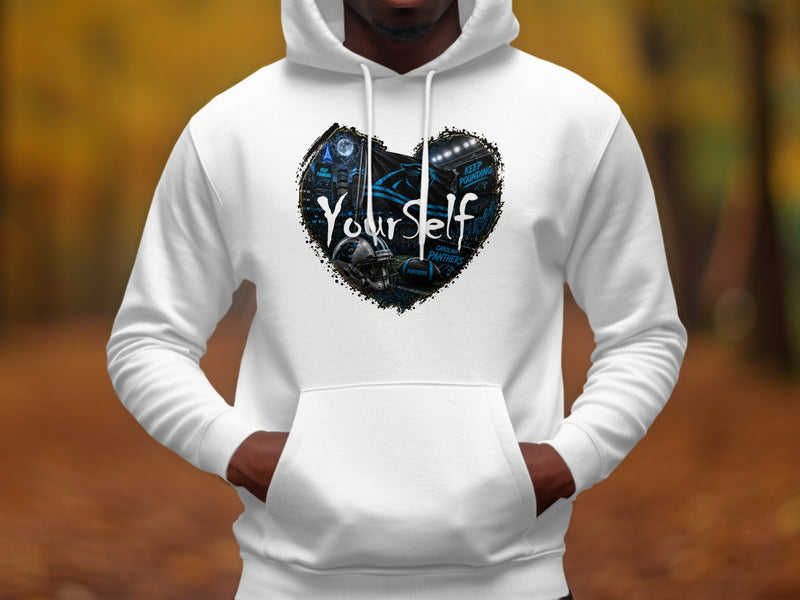 Load image into Gallery viewer, White hoodie with Carolina Panthers heart graphic and text.
