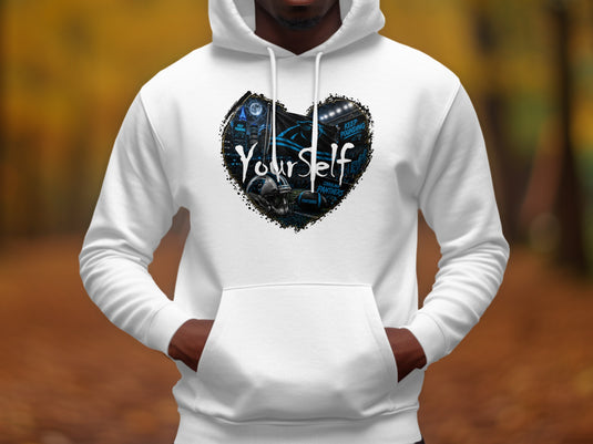 White hoodie with Carolina Panthers heart graphic and text.