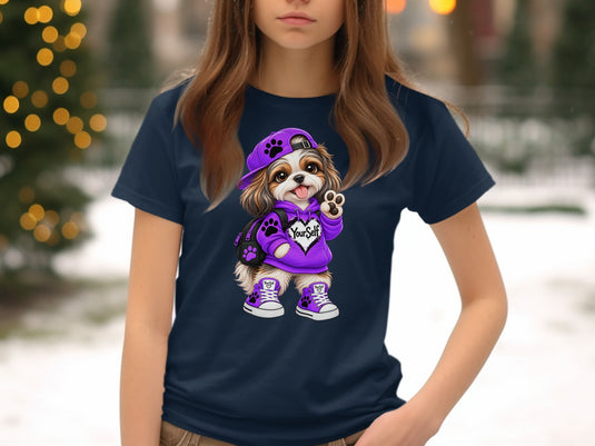 Illustration of a dog in a purple hoodie, cap, and sneakers with 