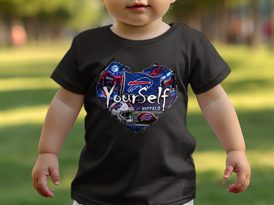 Black t-shirt with heart graphic featuring Buffalo Bills football imagery.