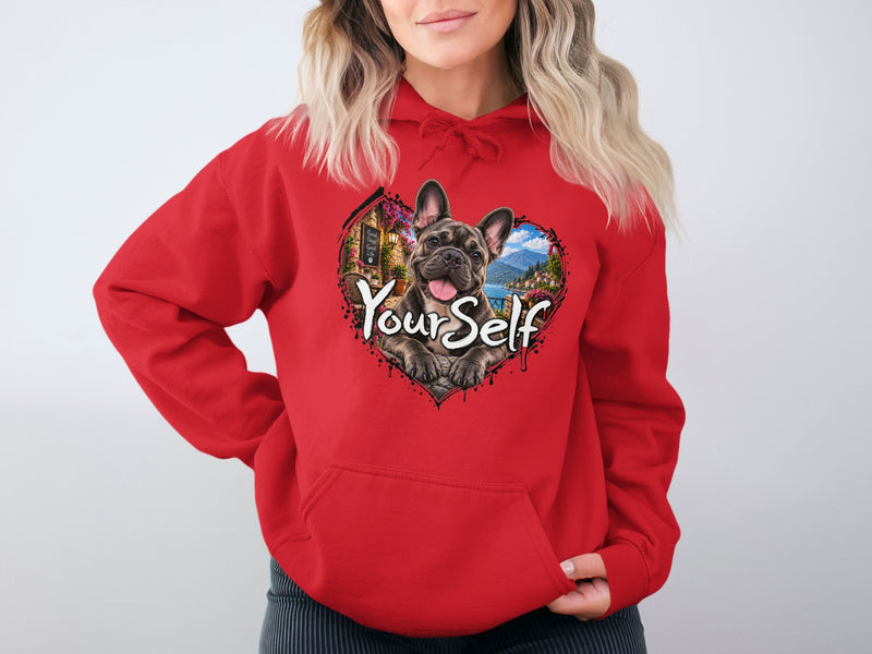 Load image into Gallery viewer, Red hoodie with French bulldog art and "Your Self" text inside a heart.
