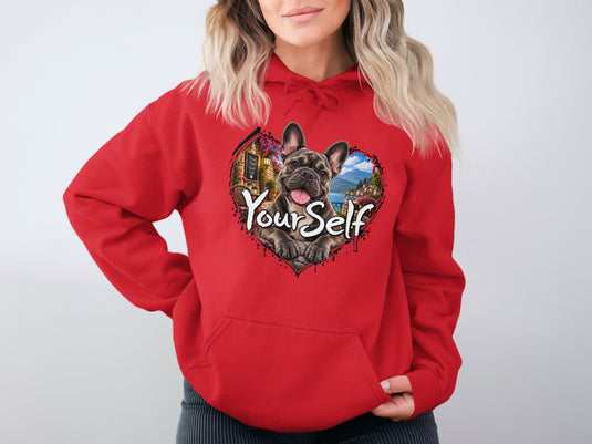 Red hoodie with French bulldog art and "Your Self" text inside a heart.