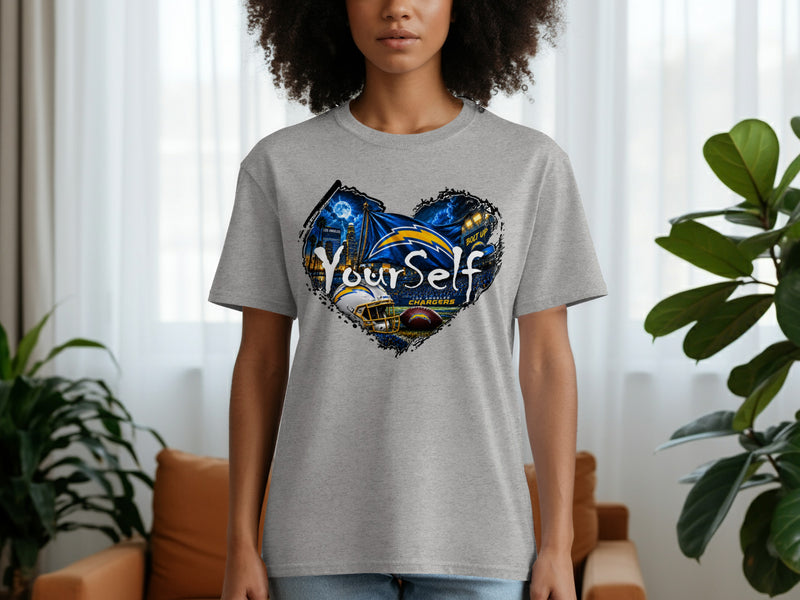 Load image into Gallery viewer, Los Angeles Chargers heart graphic with "Your Self" text on grey t-shirt.
