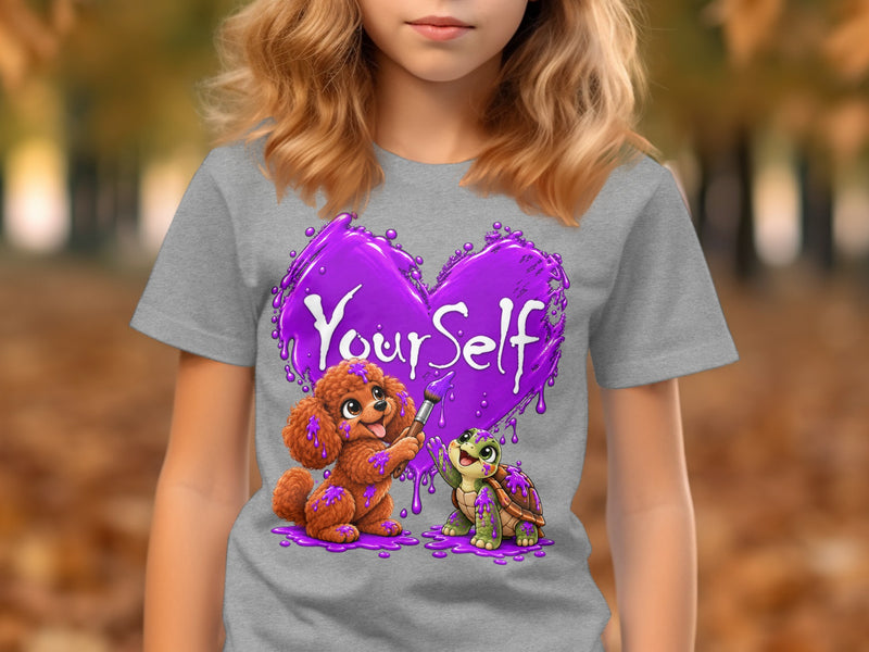 Load image into Gallery viewer, A poodle and turtle paint a purple heart with "Your Self" on a grey t-shirt.
