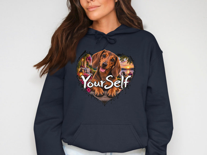 Load image into Gallery viewer, Dachshund in heart frame with sunset scene and text "Your Self".

