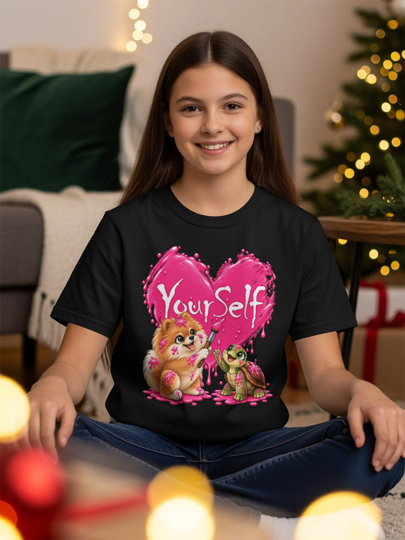 Load image into Gallery viewer, Black t-shirt with cartoon Pomeranian and turtle painting "Love Yourself" on a pink heart.
