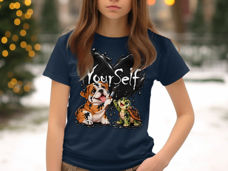 Load image into Gallery viewer, Bulldog and turtle painting "Your Self" on a dark blue t-shirt.
