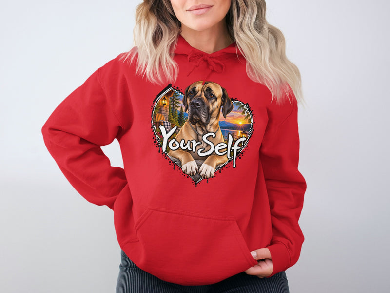 Load image into Gallery viewer, Red hoodie with a heart graphic featuring a dog and landscape with text "YourSelf".
