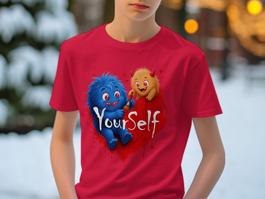 Red t-shirt with blue and orange monsters painting a red heart that says 