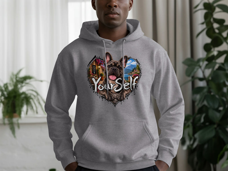 Load image into Gallery viewer, Grey hoodie with a heart-shaped graphic featuring a French bulldog and the text "YOURSELF".
