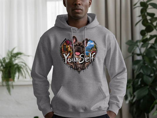 Grey hoodie with a heart-shaped graphic featuring a French bulldog and the text "YOURSELF".