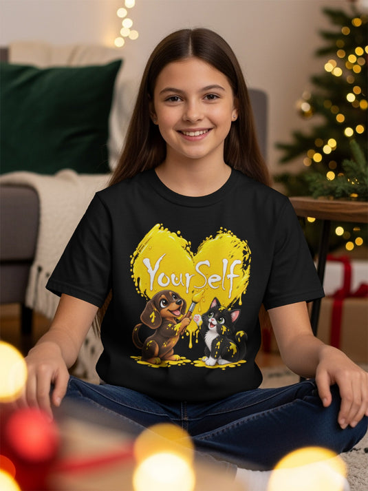 Black t-shirt with a dog painting a cat yellow inside a heart, saying "Your Self".
