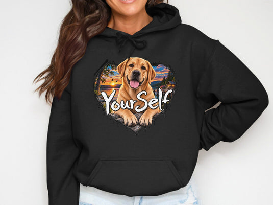 Black hoodie with labrador and sunset landscape inside heart graphic, text 